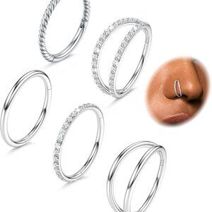 5Pc Surgical Steel Nose Rings Hoop 8mm 16G CZ Hinged Septum Cartilage Jewelry